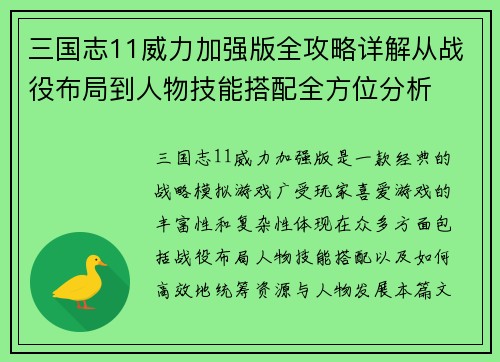 三国志11威力加强版全攻略详解从战役布局到人物技能搭配全方位分析
